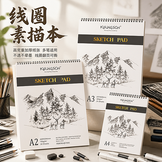 1688电商主图，1:1正方形构图，画面主体为A4/A3/A2三种尺寸的美术生专用线圈素描本，线圈本自然错落摆放，封面横向排版保持不变，突出"线圈素描本"核心字样，字体采用艺术手绘风格，周边搭配素描铅笔、炭笔、橡皮、马克笔等绘画工具作为装饰，柔和自然光效，光影结合虚实结合，前景清晰背景虚化，左上角大字艺术字体标题"线圈素描本"，副标题"高克重加厚纸张 多笔适用 不透不晕墨 线圈翻页可撕"，整体干净明亮有质感，专业电商产品摄影风格，高清细腻