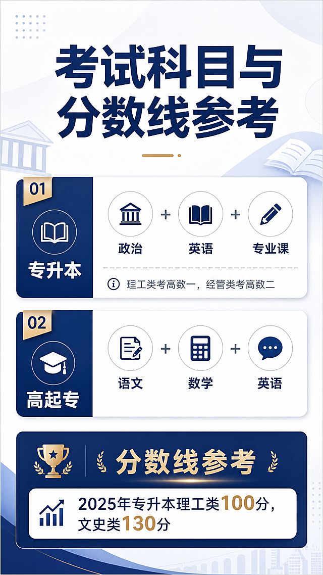 竖版图文排版海报，标题为"考试科目与分数线参考"，保持和前两张相同的简洁清晰现代简约教育风，包含完整内容：专升本：政治+英语+专业课（理工类考高数一，经管类考高数二）；高起专：语文+数学+英语；分数线参考：2025年专升本理工类100分，文史类130分。整体配色专业稳重，文字清晰易读，分块排版，风格与前两张统一