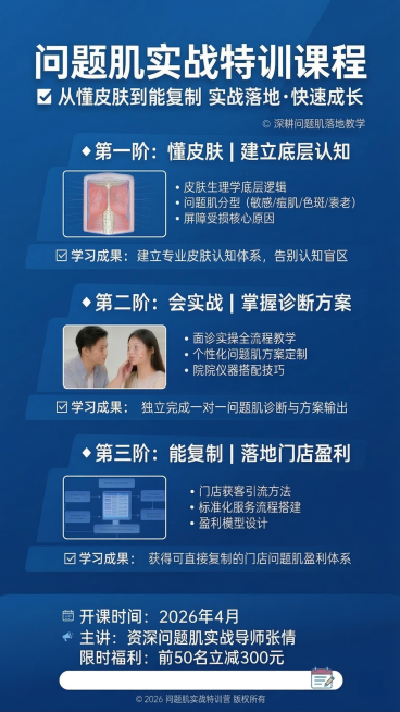 将这张课程海报修改为蓝色极简风，保留所有原本文字和排版，整体风格简约干净，以蓝色为主色调，将所有文字保持为白色，背景更加简洁干净预览效果