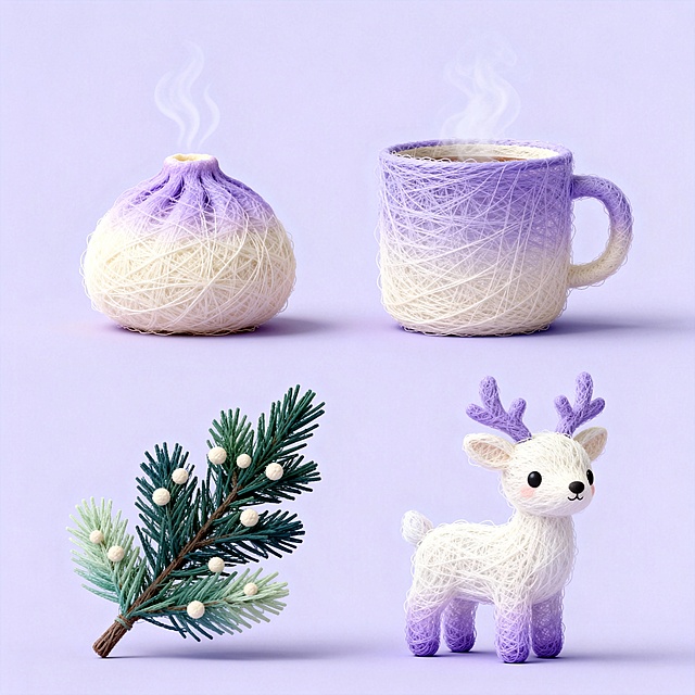 4 个素材，上下两行排齐。分别是冒热气的关东煮、泡暖茶的杯子、冬柏枝、雪鹿。背景浅紫，配色浅紫 + 米白，柔和奶油感。