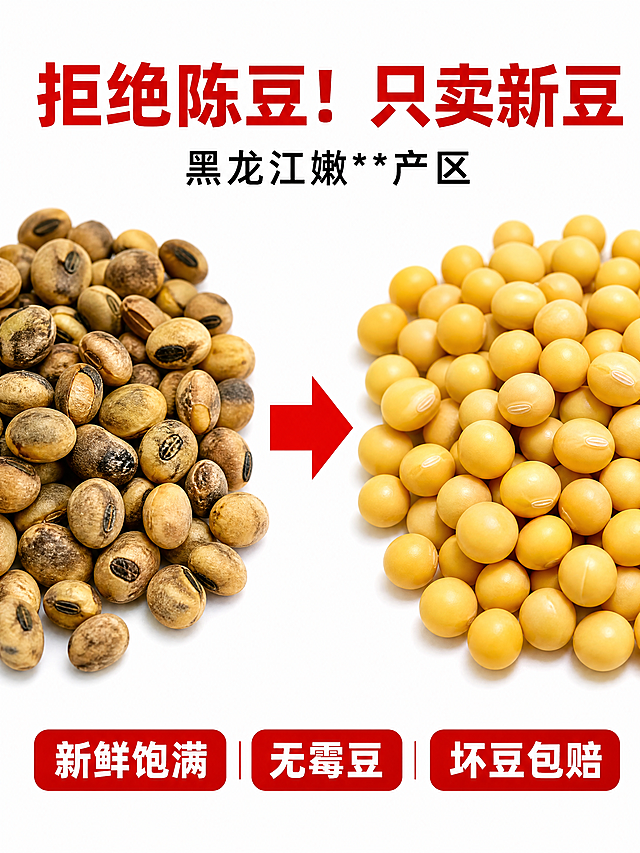 750×1000px 竖版，对比构图，左侧是干瘪发黑的陈黄豆，右侧是饱满金黄的嫩江新黄豆，中间用红色箭头分隔，白色背景，光线均匀，突出两者差异，高清 4K。添加文字：顶部居中是红色粗体字主标题"拒绝陈豆！只卖新豆"，主标题下方是黑色小字副标题"黑龙江嫩江核心产区"，底部横向排列卖点标签"新鲜饱满 | 无霉豆 | 坏豆包赔"