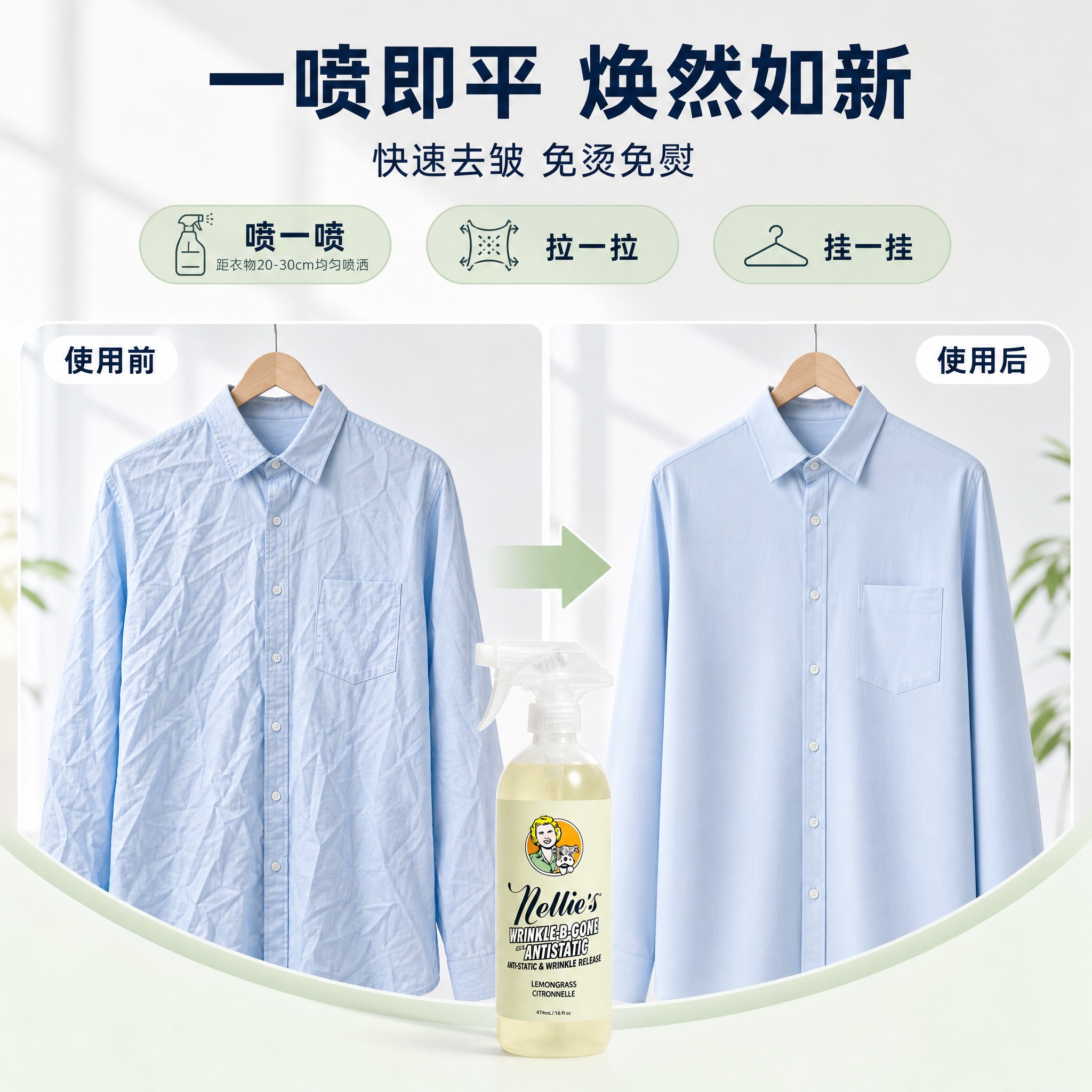 [主图-2] 核心功能效果图（一喷去皱免烫免熨）：提取【图5】… - 图片创意预览