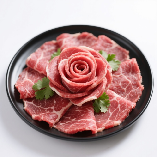 一盘新鲜的生牛肉片，牛肉片被精心卷成玫瑰花造型，摆放在黑色的圆形盘子中，牛肉呈现出鲜艳的红色，纹理清晰可见，肉质鲜嫩，盘子边缘点缀着几片绿色的香菜叶，整体画面简洁干净，背景为纯白色，突出牛肉的新鲜和质感，光线明亮柔和，从上方均匀照射下来，使牛肉的色泽更加鲜亮，阴影细节自然，展现出食材的原汁原味和精致的摆盘艺术。预览效果