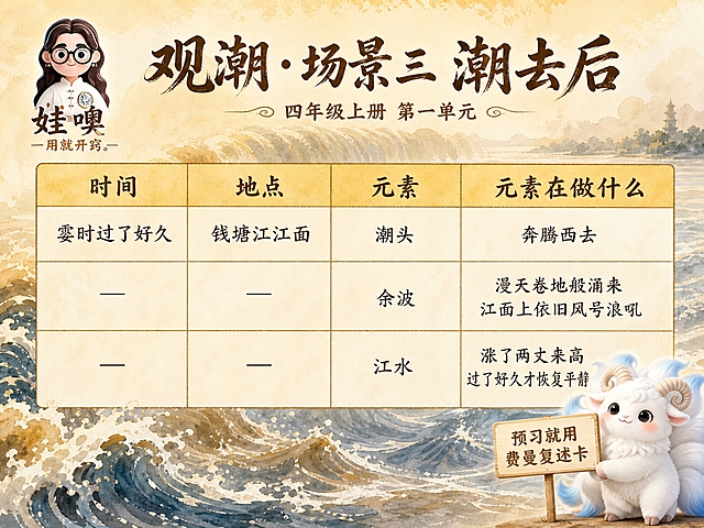 A4横版费曼复述卡成品，米黄色暖色调手绘水彩风格，壮观钱塘江大潮意境。左上角卡通女孩logo，下方写"娃噢"和"一用就开窍。"。顶部大标题"观潮·场景三 潮去后"，副标题"四年级上册 第一单元"。画面主体是四列表格，四列分别为"时间"、"地点"、"元素"、"元素在做什么"，共3行完整内容：1.霎时过了好久-钱塘江江面-潮头-奔腾西去；2.（空）-（空）-余波-漫天卷地般涌来江面上依旧风号浪吼；3.（空）-（空）-江水-涨了两丈来高过了好久才恢复平静。右下角白色九尾小羊神兽举牌写"预习就用费曼复述卡"。背景米黄色渐变，点缀余波江水的水彩装饰。版式精美，文字清晰。