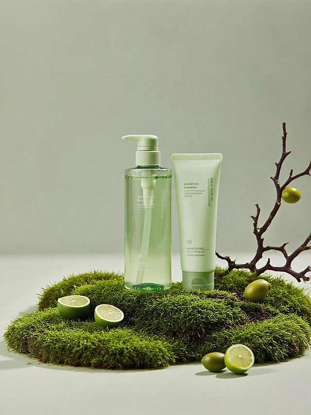 商业静物摄影。主体放在错落的青苔上，旁边散落几个切开的小青柠切片、绿橄榄和乌木枝点缀，淡绿色背景。简约高级的商业打光。