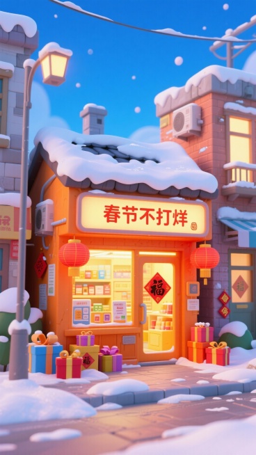 强烈突出春节氛围，橙色的商店，内部是日用品店店铺，门口牌子写着春节不打烊，暖黄灯光。屋顶覆盖着厚厚的雪。周围点缀礼盒，门口挂着大红灯笼，贴着福字，冬日雪景街道背景，蓝天预览效果