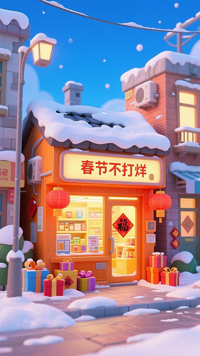强烈突出春节氛围，橙色的商店，内部是日用品店店铺，门口牌子写着春节不打烊，暖黄灯光。屋顶覆盖着厚厚的雪。周围点缀礼盒，门口挂着大红灯笼，贴着福字，冬日雪景街道背景，蓝天