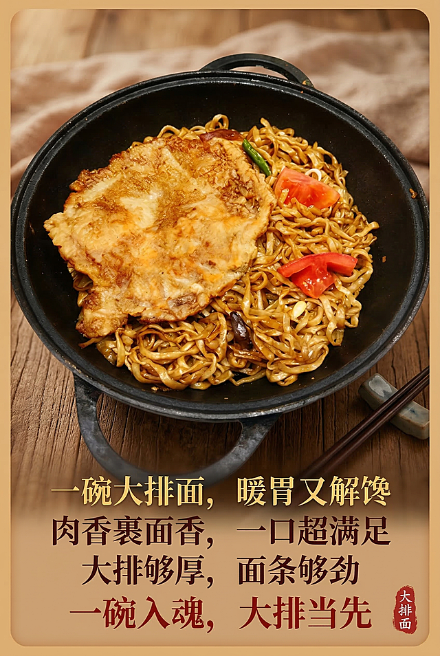 参照图片里的黑色双耳锅大排面，使用文案：一碗大排面，暖胃又解馋 肉香裹面香，一口超满足 大排够厚，面条够劲 一碗入魂，大排当先，生成暖调餐饮海报，比例2:3，保留诱人食欲风格，合理排版文案