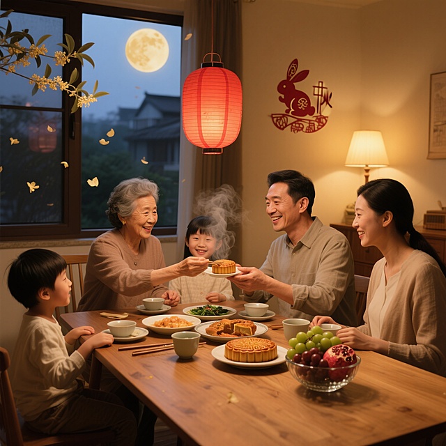 室内暖光环境，一家4-6口人围坐在木质餐桌旁，桌上摆放着刚上桌的菜肴、一盘切开的月饼、玻璃碗里的葡萄和石榴，还有冒着热气的茶杯。奶奶正给孙辈夹菜，爸爸笑着递过月饼，妈妈抬手整理桌布，晚辈们凑在一起说着话，每个人脸上都带着放松的笑意，动作舒缓，氛围静谧温馨。窗外飘着零星桂花瓣，餐桌旁挂着一盏小小的红色纸灯笼，墙面贴着简约的中秋剪纸，图案是玉兔和月亮。整体色调偏暖黄，如同傍晚开灯后的居家感，光线柔和不刺眼。