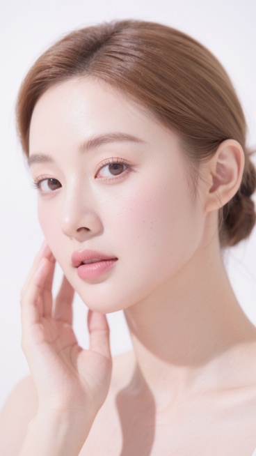 超高清美妆人像摄影，极致清透白皙的皮肤质感，展现细腻毛孔与健康光泽，柔和自然光从斜上方照射形成立体光影，浅棕色发丝优雅挽起露出光洁额头与精致侧脸，模特以自然姿态轻触脸颊，眼神清澈望向镜头，整体色调以纯净白与柔和粉为主，营造高级感与纯净氛围，突出皮肤的水润通透与完美状态，极简背景凸显主体，构图聚焦面部特写，呈现专业美妆广告级别的细腻肤质与自然美感。预览效果