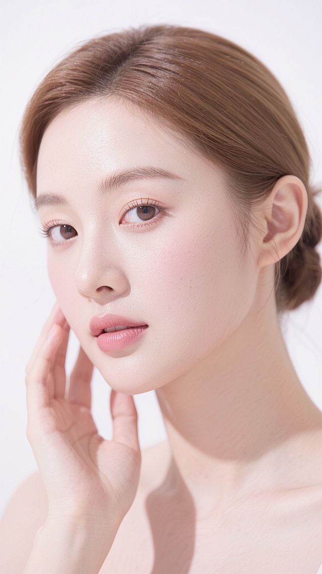 超高清美妆人像摄影，极致清透白皙的皮肤质感，展现细腻毛孔与健康光泽，柔和自然光从斜上方照射形成立体光影，浅棕色发丝优雅挽起露出光洁额头与精致侧脸，模特以自然姿态轻触脸颊，眼神清澈望向镜头，整体色调以纯净白与柔和粉为主，营造高级感与纯净氛围，突出皮肤的水润通透与完美状态，极简背景凸显主体，构图聚焦面部特写，呈现专业美妆广告级别的细腻肤质与自然美感。