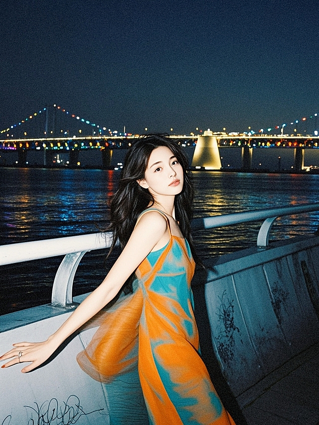 一个女生，天桥上，海边，夜晚，微醺