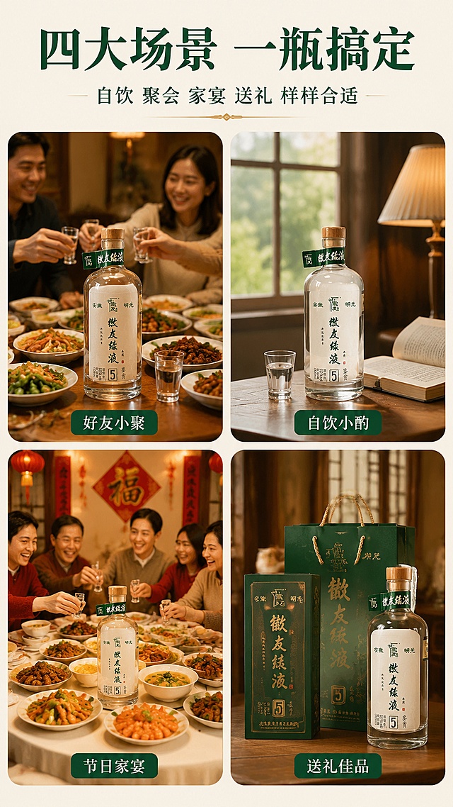 [第5屏] 场景种草-徽友绿液白酒多场景拼图。本屏使用【图1】产品置入各场景中。
[氛围/风格] 生活方式摄影风，温馨真实有代入感，暖色调，拼多多接地气风格。
[元素布局] 画面采用2x2圆角卡片拼图布局，共四个场景：左上「好友小聚」-餐桌场景，酒瓶+酒杯+几盘家常菜，朋友聚餐氛围；右上「自饮小酌」-书房窗边，酒瓶+一只酒杯+一本书，静谧独处氛围；左下「节日家宴」-圆桌家宴场景，酒瓶居中，周围摆满菜肴，阖家团圆氛围；右下「送礼佳品」-礼品袋+酒瓶+礼盒包装，精致礼赠氛围；每个场景中酒瓶外观均与【图1】一致；卡片之间有间距，背景为米白色。
[光影质感] 每个场景均为暖光照明，温馨自然，阴影柔和，生活感强。
[配色色系] 全局底色 #F7F3E9 米白色；主色暖棕+米白；辅助色深绿 #1A3D2E、金色点缀。
[视角构图] 2x2网格拼图，阅读动线左上→右上→左下→右下，顶部标题区。
[文字版式] 顶部主标题「四大场景 一瓶搞定」，副标题「自饮 聚会 家宴 送礼 样样合适」；每个卡片底部有场景名称标签：「好友小聚」「自饮小酌」「节日家宴「送礼佳品」，标签为深绿底白字圆角矩形；字体为黑体标题+宋体标签，字色深绿+白，文字清晰可读。
[比例分辨率] 9:16竖版比例，4K分辨率，文字清晰可辨，高清画质。
[负向提示词] 瓶身变形，标签错乱，人物面部模糊，水印，文字过小，出现纯粮酿造不上头字样。