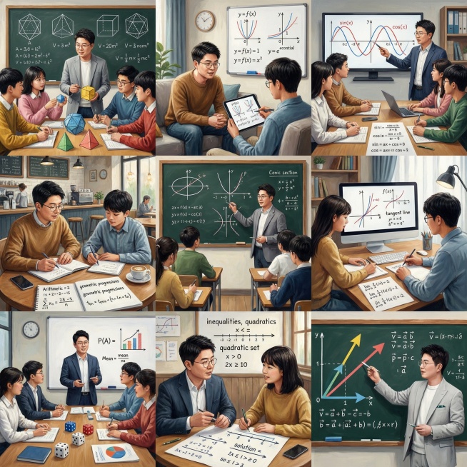 帮我生成关于高中数学的九宫格图片，要有老师和学生，老师的脸帮我设计成这张图片的，学生是中国人，场景是教室、家里、办公室、咖啡厅等，帮我生成20张预览效果