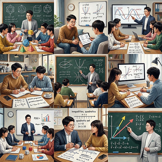 帮我生成关于高中数学的九宫格图片，要有老师和学生，老师的脸帮我设计成这张图片的，学生是中国人，场景是教室、家里、办公室、咖啡厅等，帮我生成20张