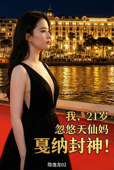 将人物改为左侧脸，身着黑色深V长裙，站在戛纳红毯上，人物占图60%以上，身后是夜晚的戛纳海边，有棕榈树、电影宫灯光、海面倒影，暖金色调。在封面右侧中间添加文字：“我，21岁
/忽悠天仙妈/
戛纳封神！预览效果