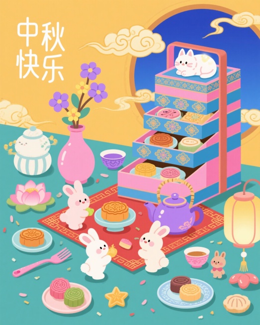 新中式扁平风插画，主体是几只可爱的小兔子在玩耍，背景包含多层带金色花纹的蓝粉相间中式提篮礼盒，内置花纹月饼等茶点，紫色复古茶壶置于红纹布垫上，粉色花瓶插着紫色花枝与黄色小花，月饼摆件顶部趴卧着带微光的预览效果