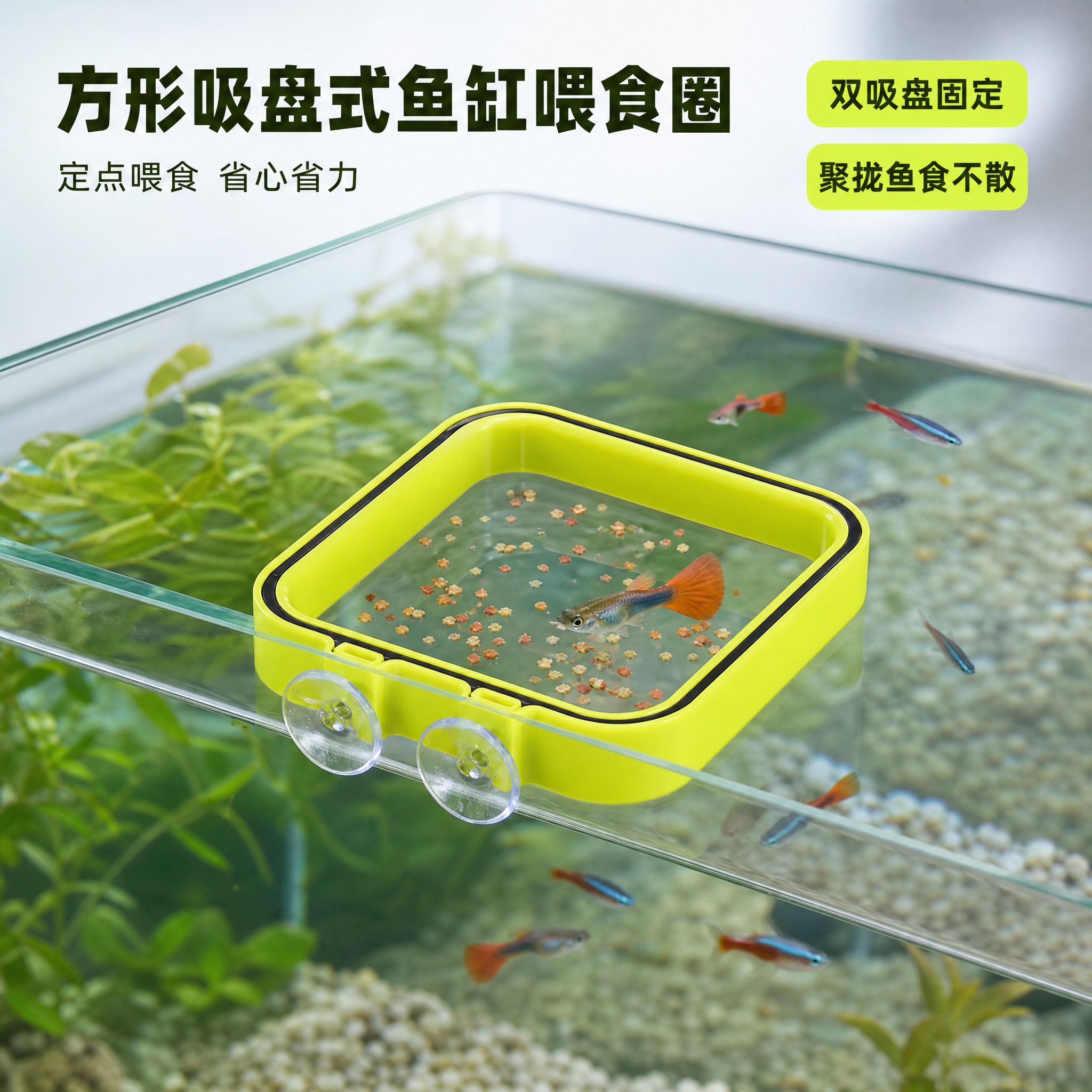 [主图-1] 主题：方形吸盘式鱼缸喂食圈 真实鱼缸使用场景首图… - 图片创意预览