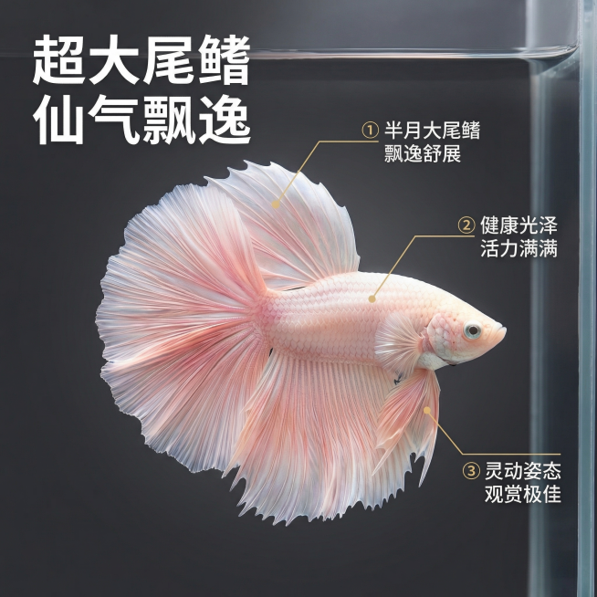 [主图 2]
[主图主题] 粉白婚纱泰国斗鱼核心亮点展示
[氛围/风格] 专业水族细节风，干净高级质感
[画面元素] 粉白婚纱半月泰国斗鱼占据画面中心，使用引线标注展示斗鱼核心优势，清晰展示超大尾鳍的预览效果