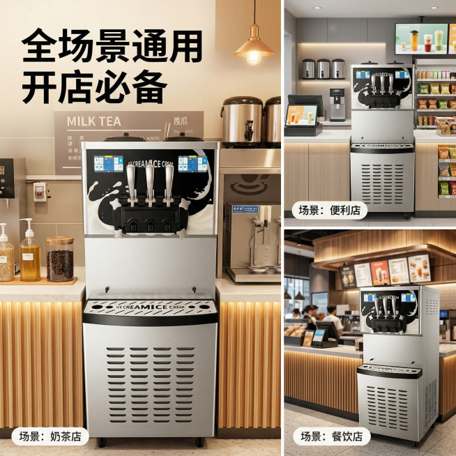 原图为商用三头冰激凌机，展示多场景使用体验，左侧主图展示奶茶店使用场景，右侧拼接小图展示餐饮店、便利店场景，拼图布局，光影统一，保持高大上风格，全屏无边框，产品外观和原图保持一致。文案：左上角主标题"预览效果