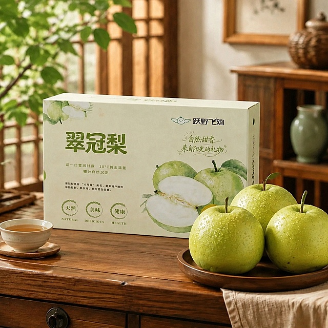 调整木盘里的三颗翠冠梨，让梨子变得更大、更圆润、整体位置更高，保持构图协调，保留原场景光影和风格不变