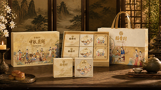 将五件稻香村月饼产品：两个单枚小方形天地盖盒、一个外礼盒、一个打开的内装礼盒、一个平口手提袋，整合到一个全新的、与之前所有展示都不同的新中式雅室场景中做套装展示，保持统一的国风高级质感，背景丰富有层次，布局协调美观，保持原始比例不变