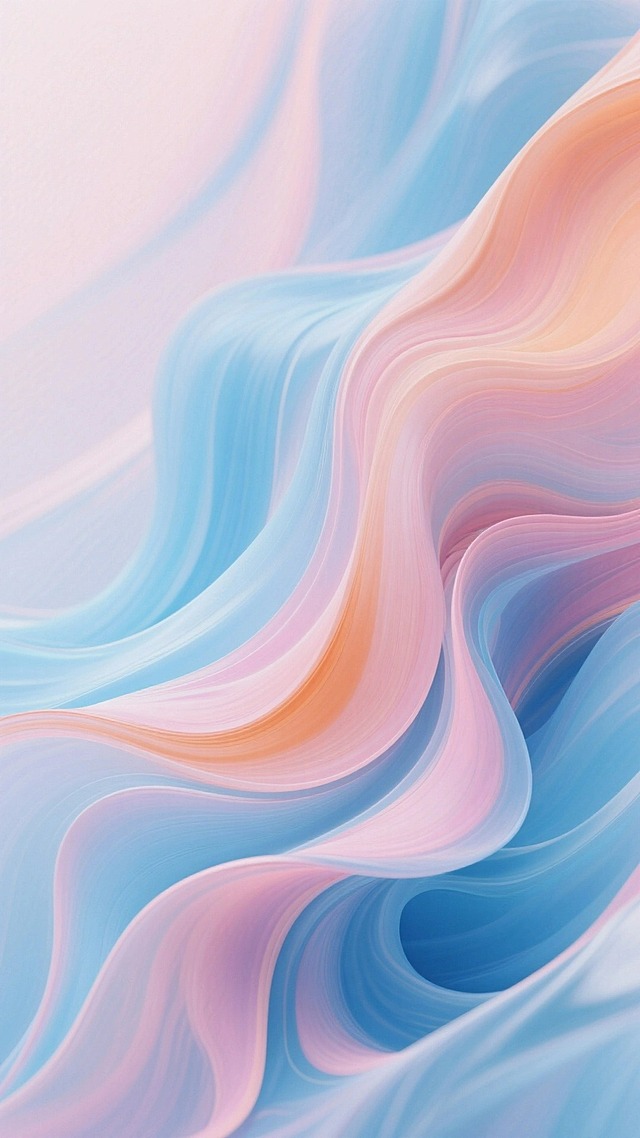 以柔和的蓝、粉、橙为主色调，呈现出流动形态，背景简洁通透
