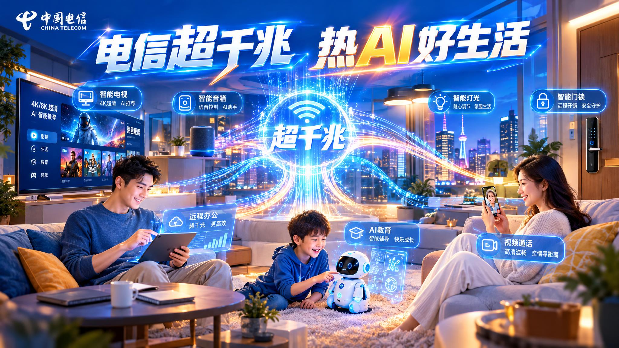 电信超千兆 热AI好生活主题画面，16:9横版构图，科技感与生… - 图片创意预览