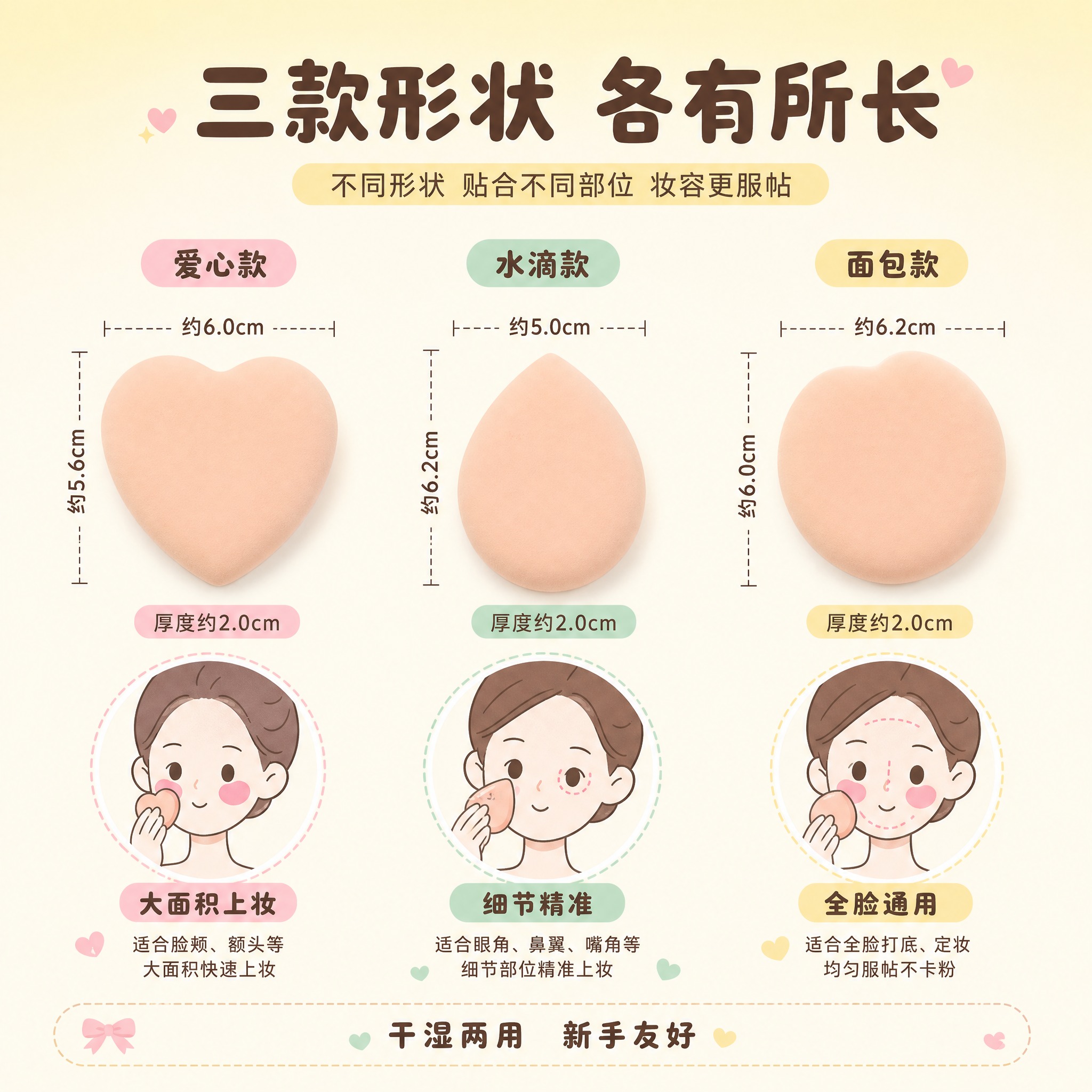 [主图-6] 尺寸规格与适用场景展示，清晰标注三款粉扑的尺寸大… - 图片创意预览