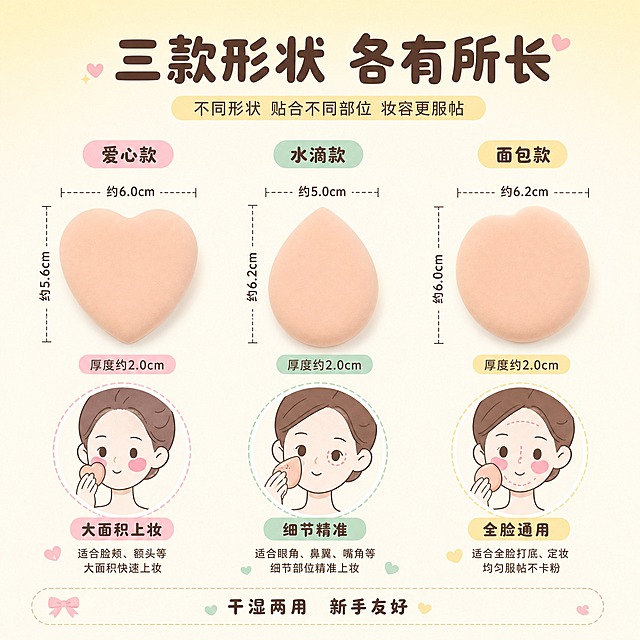 [主图-6] 尺寸规格与适用场景展示，清晰标注三款粉扑的尺寸大小和各自适用的上妆区域，帮助用户了解产品规格。
[统一基调] 整体风格：可爱治愈马卡龙风，少女感品质静物摄影；背景主色：奶油白+淡奶黄色渐变；标题字色：深棕色/巧克力棕；辅助字色：奶黄色；强调色：浅粉色+薄荷绿；字体样式：圆润可爱非衬线体，粗体大标题，细体辅助文；卡片/图标/边框：圆角软萌卡片，虚线标注线。
[画面] 画面横向排列三款粉扑，从左到右依次是爱心款、水滴款、面包款，每款粉扑旁边都有清晰的尺寸标注线，标注长宽尺寸（如约6cm等合理尺寸）。每款粉扑下方配一个小圆形示意图，展示该款粉扑适用的上妆区域：爱心款对应脸颊大面积上妆，水滴款对应眼角嘴角细节，面包款对应全脸通用。背景是奶油白到奶黄色的渐变，简洁干净。
[光影质感] 商业产品摄影质感，均匀柔光，粉扑立体饱满，标注线清晰精准，整体光影干净明亮。
[配色] 主背景奶油白+奶黄渐变，深棕色标题，奶黄色和浅粉色点缀，整体温暖清晰。
[文字版式] 顶部主标题："三款形状 各有所长" 大号圆润粗体深棕色；每款粉扑旁用虚线标注尺寸，上方标款式名："爱心款" "水滴款" "面包款"；下方圆形示意图旁分别标注："大面积上妆" "细节精准" "全脸通用"；底部一行小字："干湿两用 新手友好"。文字均放在负空间，不遮挡产品主体。
[输出要求] 1:1正方形比例，文字清晰可读，尺寸标注准确；负向：变形、错字、模糊、杂乱、水印、平台Logo、产品悬浮、尺寸混乱。