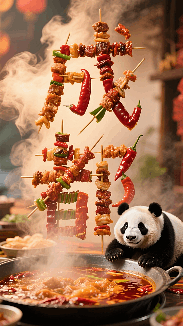 文字“成都”的所有笔画都由实物元素（烤串、辣椒等当地特色食物）拼接组合而成，熊猫装饰，背景暖色系的火锅