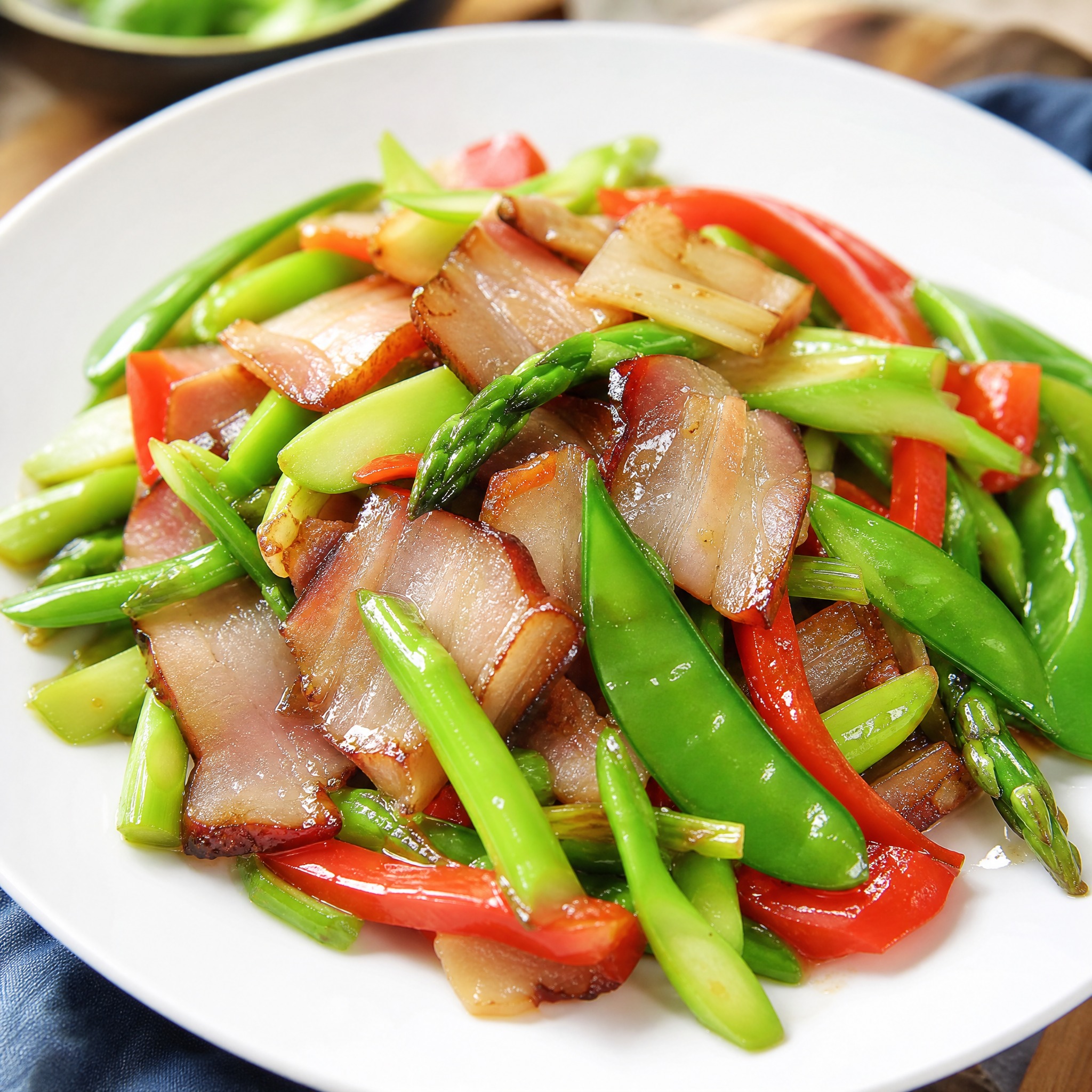 南风肉时令小炒成品特写，白色瓷盘上清炒的南风肉薄片与嫩绿芦笋、… - 图片创意预览