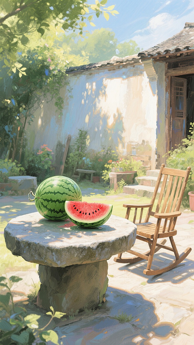 水彩插画风，清新舒适，庭院中西瓜与摇椅，夏日悠闲时光。