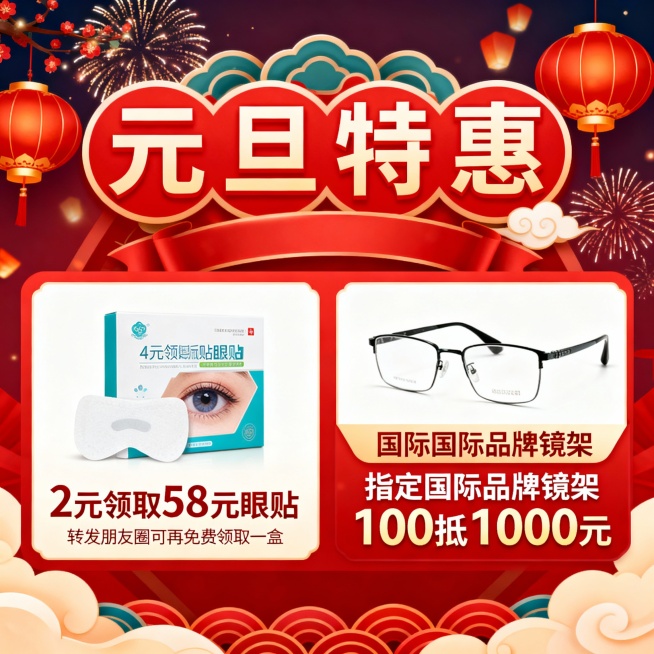 开封吴良材元旦特惠2元领取58元眼贴（转发朋友圈可免费在领取一盒），指定国际品牌镜架可参加100抵1000元预览效果