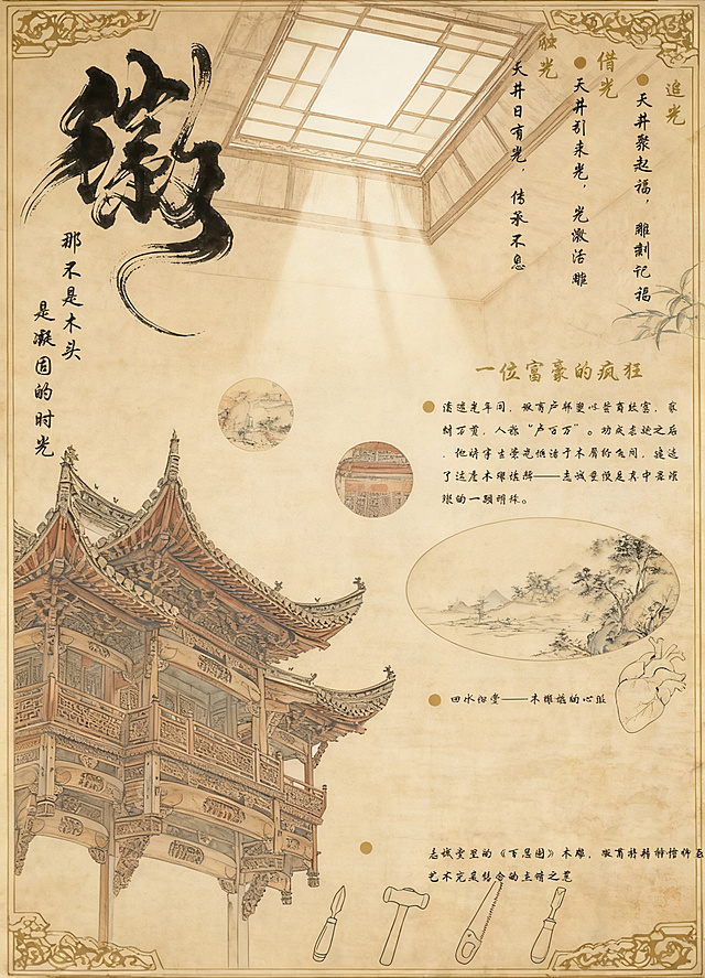 徽州卢村木雕楼展板，突出天井与光线的关系，展示徽州木雕建筑的传统工艺，结合天井采光设计，体现光影与木雕艺术的融合，保留原图文内容排版，采用传统中式工笔画风格
