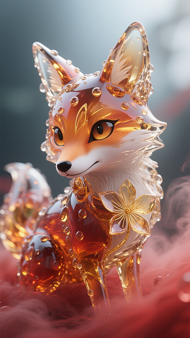 水滴琥珀狐狸精灵，晶莹剔透完美无瑕，眼睛迷离，琥珀抽金丝拉花瓣渐变弥散红雾缭绕