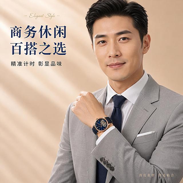 基于第三张手表佩戴图，进行以下修改：在画面中增加一位男士的正面形象，男士为亚洲面孔，30岁左右，气质成熟商务，穿着浅灰色西装搭配白色衬衫，系深蓝色领带，发型整洁。男士位于画面中后方，上半身入镜，面带微笑自信，目光平视前方。手腕上佩戴着同款玫瑰金深蓝表盘机械手表，手部自然抬起放在胸前附近，展示手表佩戴效果。保持手表外观（即物理结构、材质质感、颜色、表盘布局）与输入产品图绝对一致。背景仍为奶油米色渐变柔光背景，有光影条纹。原有的左侧文字（商务休闲 百搭之选 等）保持不变，男士形象不遮挡文字。整体风格统一高端，商务绅士氛围。