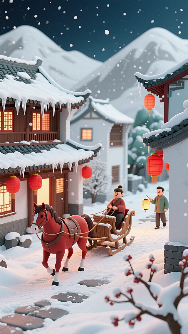 全景构图，主视觉是枣红马队拉着木质雪橇（挂红灯笼，覆雪），穿行于中式古镇。青瓦白墙覆雪，屋檐垂冰锥，窗透暖光，雪地行人提灯笼，右下角有披雪的梅枝。背景是灰白远山与墨蓝夜空，雪花轻飘，红棕 + 青白配色，古意盎然。