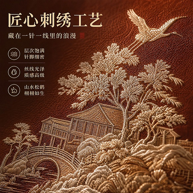 淘宝天猫电商主图，正方形1:1比例，刺绣硬包背景墙细节展示图。画面主体为刺绣皮革的超近距离特写，清晰展现刺绣的层次感、丝线的光泽感和肌理感，针脚细密饱满，山水松鹤图案的刺绣纹理清晰可见，丝线在光线下呈现自然的光泽质感，皮革底材纹理细腻。画面上方或侧边配有文字说明：「匠心刺绣工艺」「层次饱满 针脚细密」「丝线光泽 质感高级」「藏在一针一线里的浪漫」。文字采用精致的新中式字体，排版优雅，整体画面突出材质细节和工艺品质，微距摄影级清晰度，光影柔和突出纹理质感。