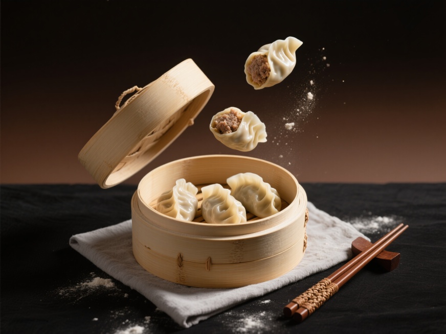 美食摄影风格，大师级摄影作品，超高清分辨率，24K，细节刻画清晰。电影级光影效果。深色背景，深棕色至黑色渐变，上面深棕色，下面黑色，俯视角构图；主体为竹制蒸笼里的蒸饺，下层蒸笼放置3个完整的饺子，上层预览效果