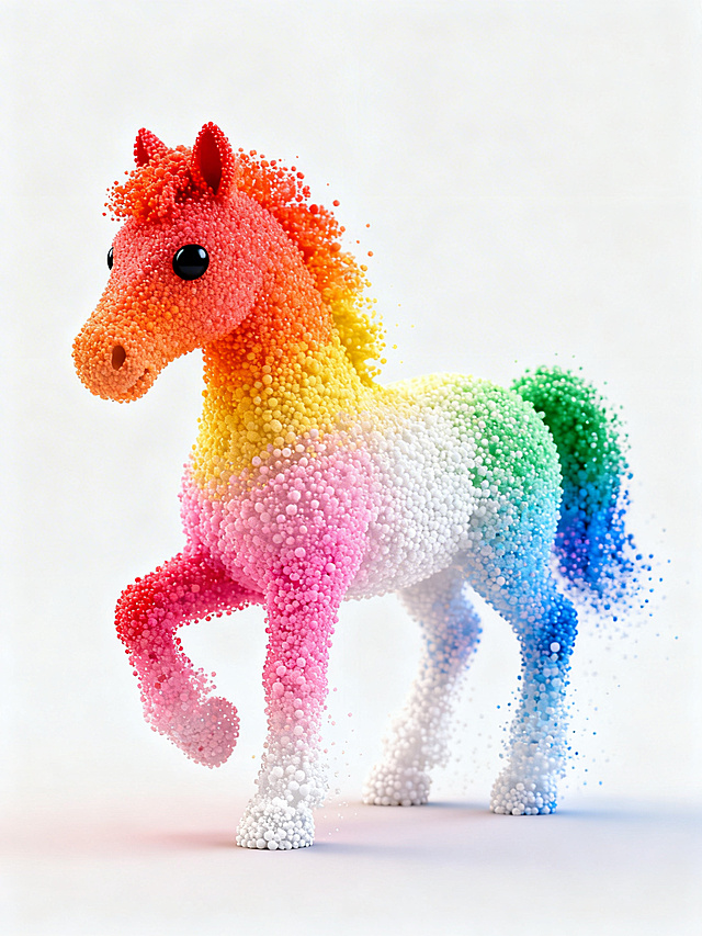 梦幻色彩的粒子马，3D卡通风格，超现实虚拟自然设计，可爱灵动，节日氛围浓厚。