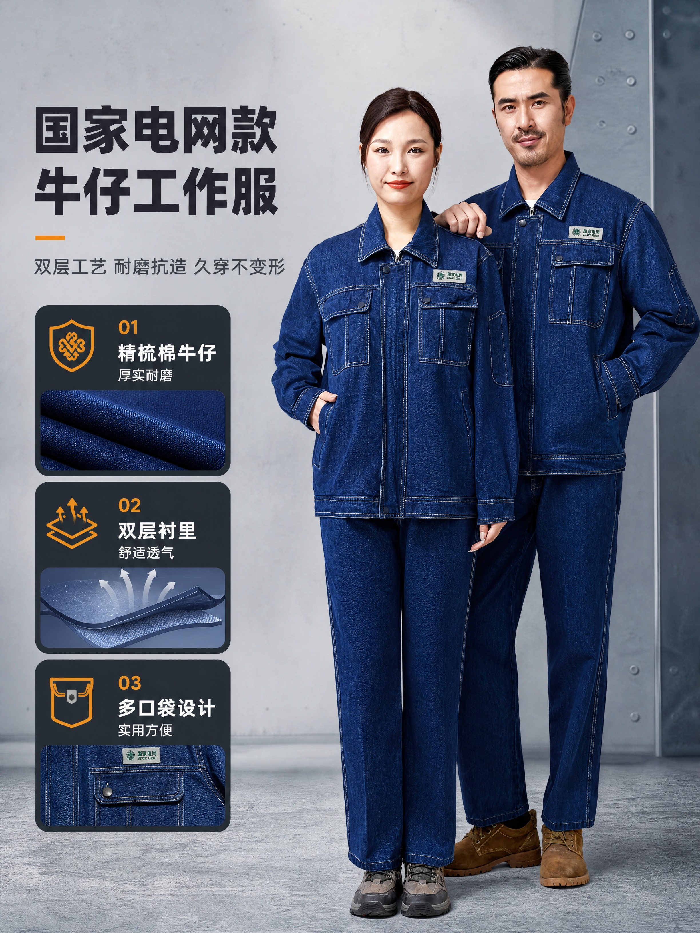 [商品] 使用【图1】男女模特身穿国家电网款深蓝牛仔工作服套装… - 图片创意预览