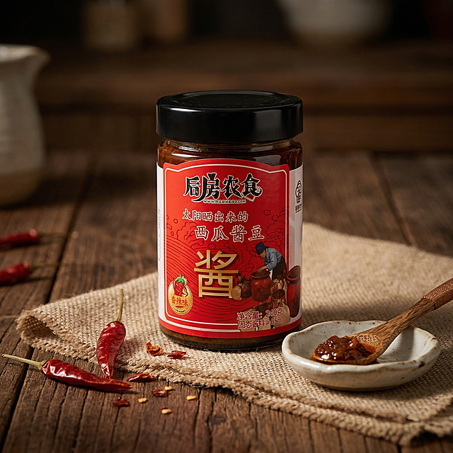 以这瓶后房农食西瓜酱豆为主体，瓶身标签所有文字和细节完全保留不做修改。背景为深棕色复古实木桌面，粗粝木纹清晰，搭配麻布衬底，木勺、小瓷碟、辣椒作为点缀，采用暖调侧光的暗调美食光，光线柔和突出产品，营造手工家常的氛围，为电商主图风格，无额外文字，真实质感。