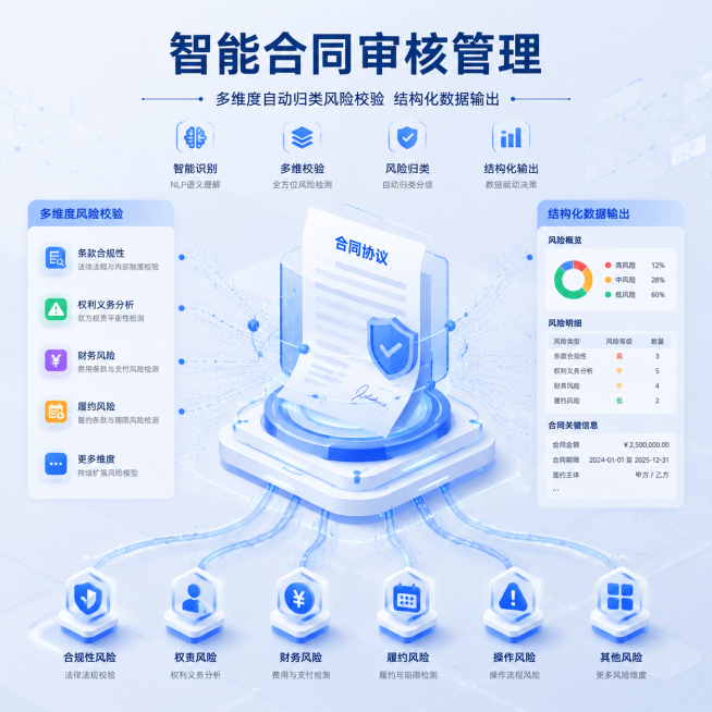智能合同审核管理技术主图，浅色渐变背景，数据流和网络科技元素，多维度自动归类风险校验，结构化数据输出，科技技术感浅色商务风格，无真人预览效果