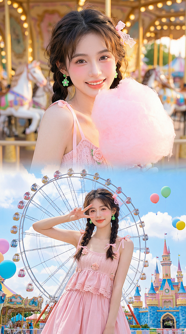 「高清游乐园旅拍写真，无痕二宫格分镜，上下零缝隙马卡龙色调拼接，无实体分割线，整体甜妹元气风格：上半格：年轻东亚女性近景特写（双马尾、粉白洛丽塔裙），举着棉花糖对镜头笑，背景是旋转木马的彩色轮廓（浅景深、暖光），色彩明亮饱和，腮红是淡粉色，画面带轻微柔焦；下半格：同一位女性的全身镜头（同穿搭），站在摩天轮下比耶，背景是游乐园全景（彩色城堡、蓝天），几只气球飘在旁边，同亮色调，氛围活泼治愈，双格色彩统一衔接，高清细节（洛丽塔裙蕾丝、棉花糖纹理）」