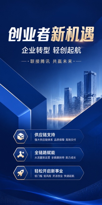 人群定位主题易拉宝海报，比例1:2，简约精英商务风，画面包含：主标题"创业者新机遇"，副标题"企业转型 轻创起航"，装饰文字"联接腾讯 共赢未来"，三个卖点标签："供应链支持"、"全链路赋能"、"轻松预览效果
