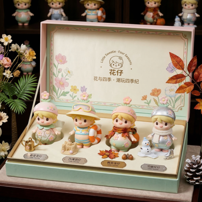 基于原图潮玩模型生成高清周边礼品，保持四个模型原有发型不改变，可为模型增加精致配饰，保留品牌“Little Sweetie · Four Seasons 花仔”标识，产品包装精致可爱预览效果