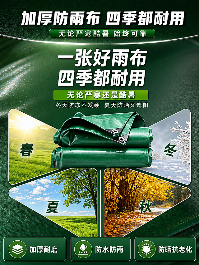 [商品] 使用【图9】一张好雨布四季都耐用的图作为核心素材，保留图中墨绿色防雨布卷、春夏秋冬四季菱形场景图、主标题文案等全部内容，优化整体排版和背景使其更专业统一。
[画面] 页面目标：篷布材质展示，突出四季耐用的特点。顶部标题区（占15%）深墨绿色背景，主标题+副标题；中部为雨布+四季场景主体（占65%），保留原图雨布居中、春夏秋冬四格菱形布局，优化边框和光影；底部（占20%）放篷布材质特点总结。构图：上标题中产品下特点，居中对称。背景深墨绿色渐变，雨布有光泽质感。
[视觉] 套系策略：风格=国内电商专业商业详情页，工厂实拍+专业排版，工业质感真实可信；标题字=粗黑体厚重有力；正文字=简洁无衬线黑体；主色=深墨绿色（参考图1/图9绿色雨布主色调）；背景延展=深绿到浅绿渐变、同色系深浅层级、雨布纹理暗纹；强调色=亮草绿色（高亮标签）；标题色=纯白色；正文色=浅米白色；组件=绿色圆角信息卡、菱形场景框、雨布质感装饰条；光影=雨布有高光质感，四季场景明亮通透。
[文字] 顶部主标题「加厚防雨布 四季都耐用」，副标题「无论严寒酷暑 始终可靠」；中部保留原图文案：「一张好雨布 四季都耐用」「无论严寒还是酷暑」「冬天防冻不发硬 夏天防晒又遮阳」，以及春夏秋冬四季标注；底部3个材质特点：「加厚耐磨」「防水防雨」「防晒抗老化」。所有文字横向排版。
[规格] 图片比例3:4竖版，4K分辨率，负向提示：避免变形、错字、文字过小、蓝色主调、冷蓝背景、雨布颜色改变、四季场景失真、极限词宣传。