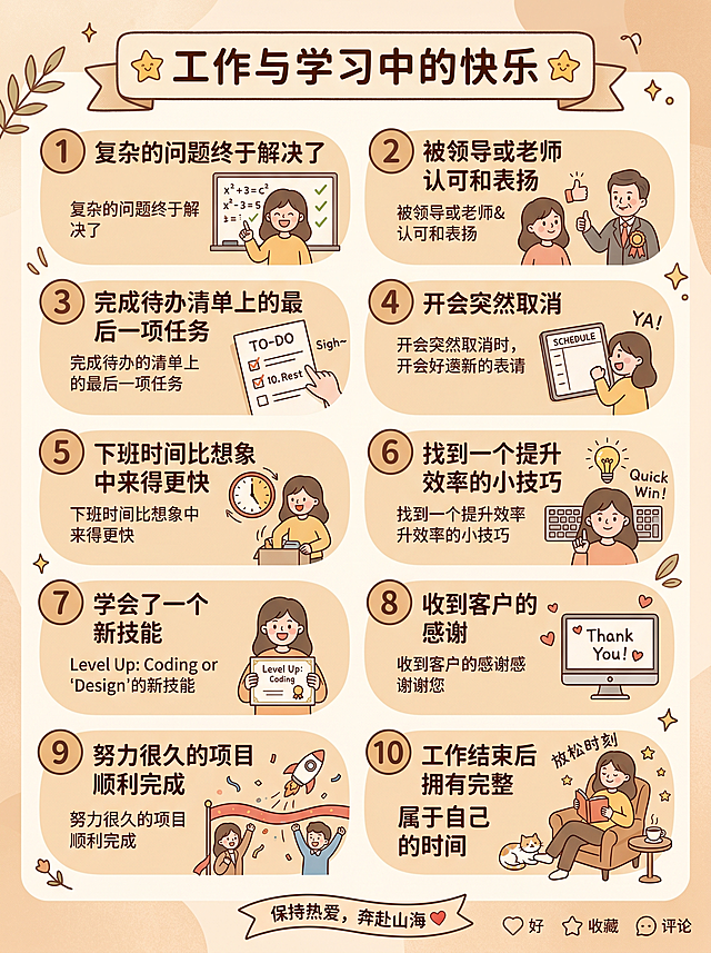 保持上一张温暖治愈浅米色暖色调风格，生成一张3:4比例的小红书图文图片，主题是"工作与学习中的快乐"，分板块列出10件快乐小事：
1. 复杂的问题终于解决了
2. 被领导或老师认可和表扬
3. 完成待办清单上的最后一项任务
4. 开会突然取消
5. 下班时间比想象中来得更快
6. 找到一个提升效率的小技巧
7. 学会了一个新技能
8. 收到客户的感谢
9. 努力很久的项目顺利完成
10. 工作结束后拥有完整属于自己的时间
整体排版和风格和上一张"生活中的小确幸"保持一致，适合小红书平台，尺寸比例3:4