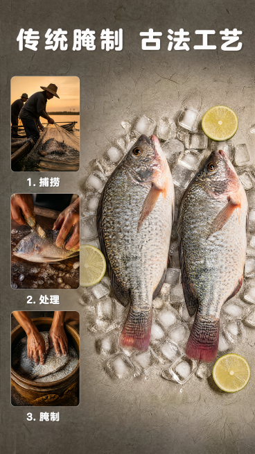 [第3屏] 传统腌制工艺展示-腌制臭鲷鱼古法工艺讲解。
[氛围/风格] 传统手工风，暖调光影，突出工艺地道感，真实自然质感。
[元素布局] 左半部分竖排三张工艺步骤小图，依次为：捕捞、处理、腌制，右半预览效果